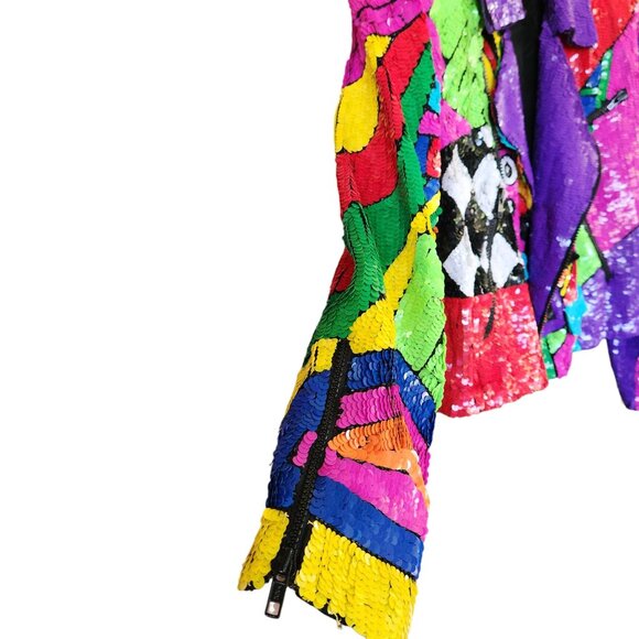 Sequin Moto Jacket Women's Neon Multicolor OOAK Zipper Front100% Silk Sz Medium - Picture 9 of 17